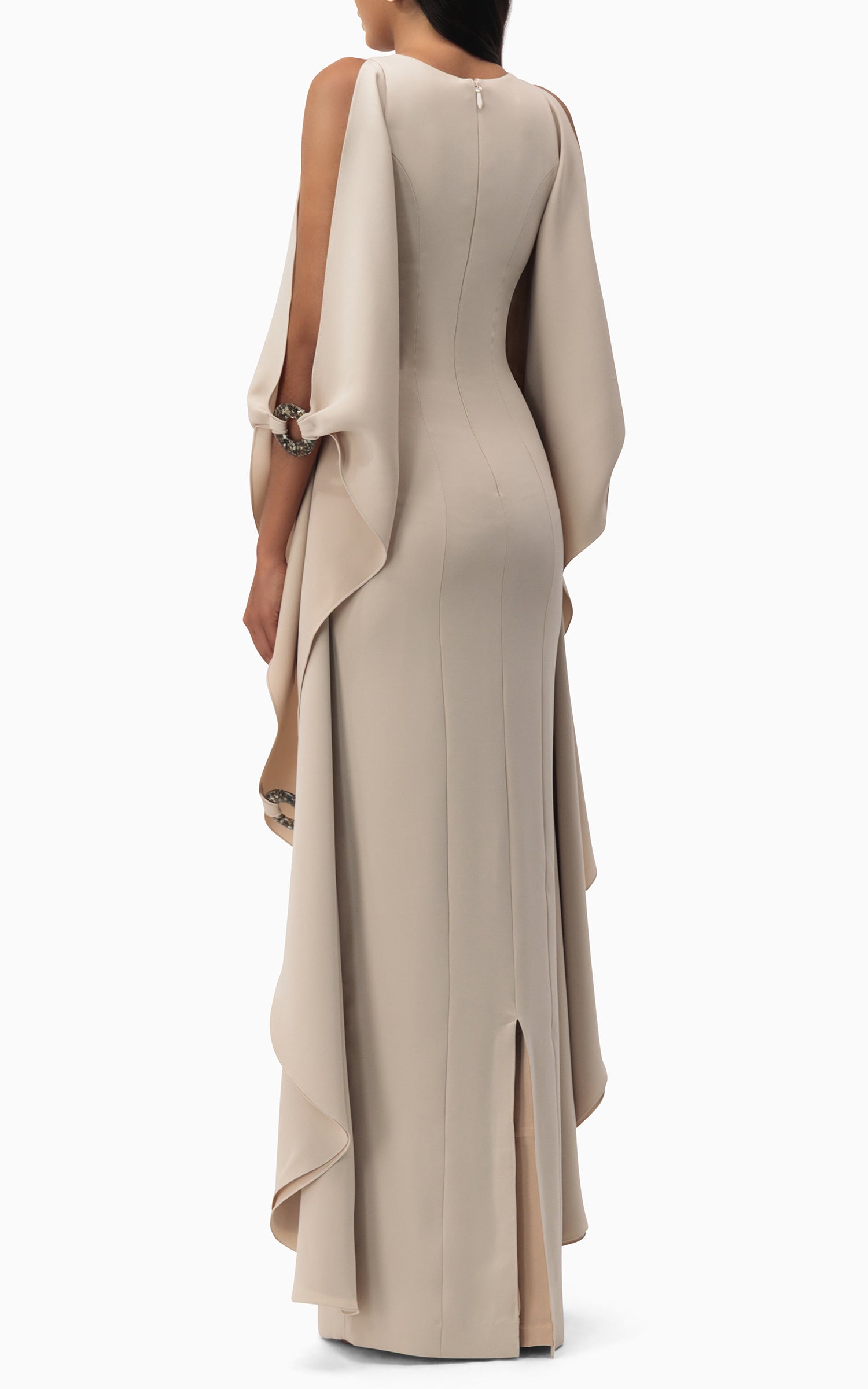 Flowing Beige Gown with Side Panels back