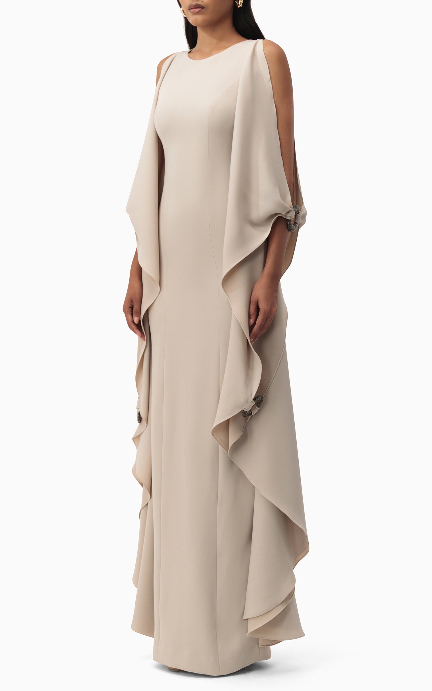 Flowing Beige Gown with Side Panels side view