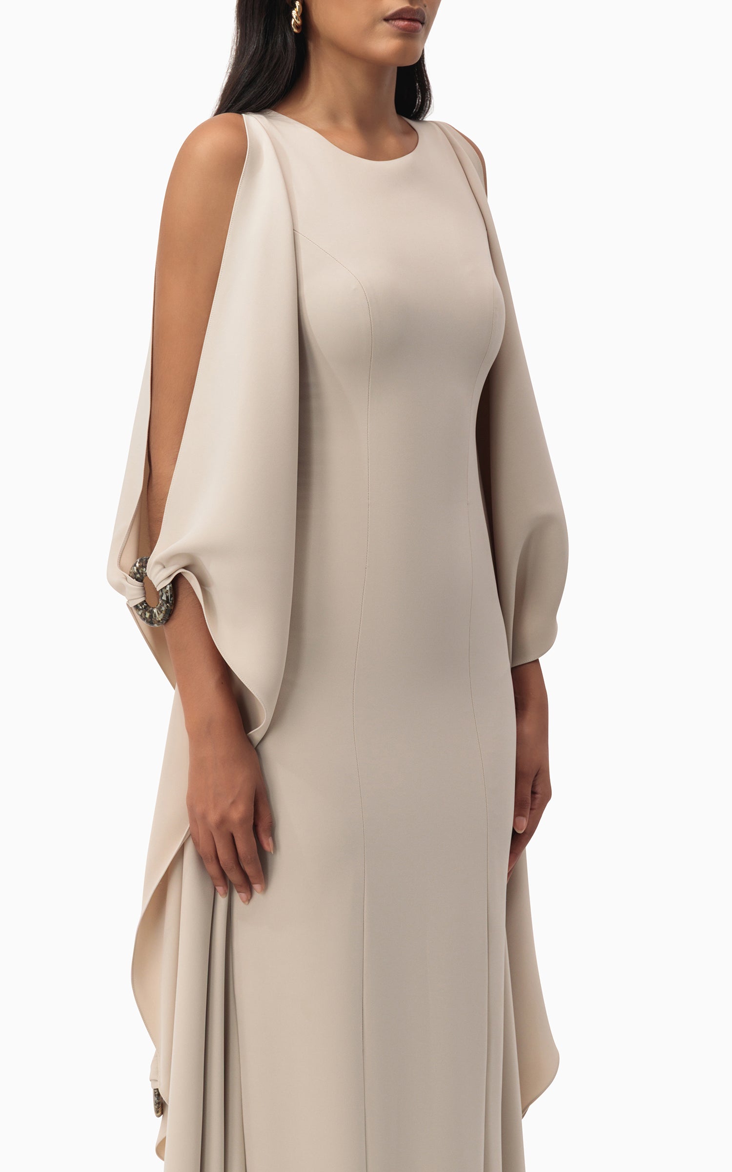 Flowing Beige Gown with Side Panels side view close up