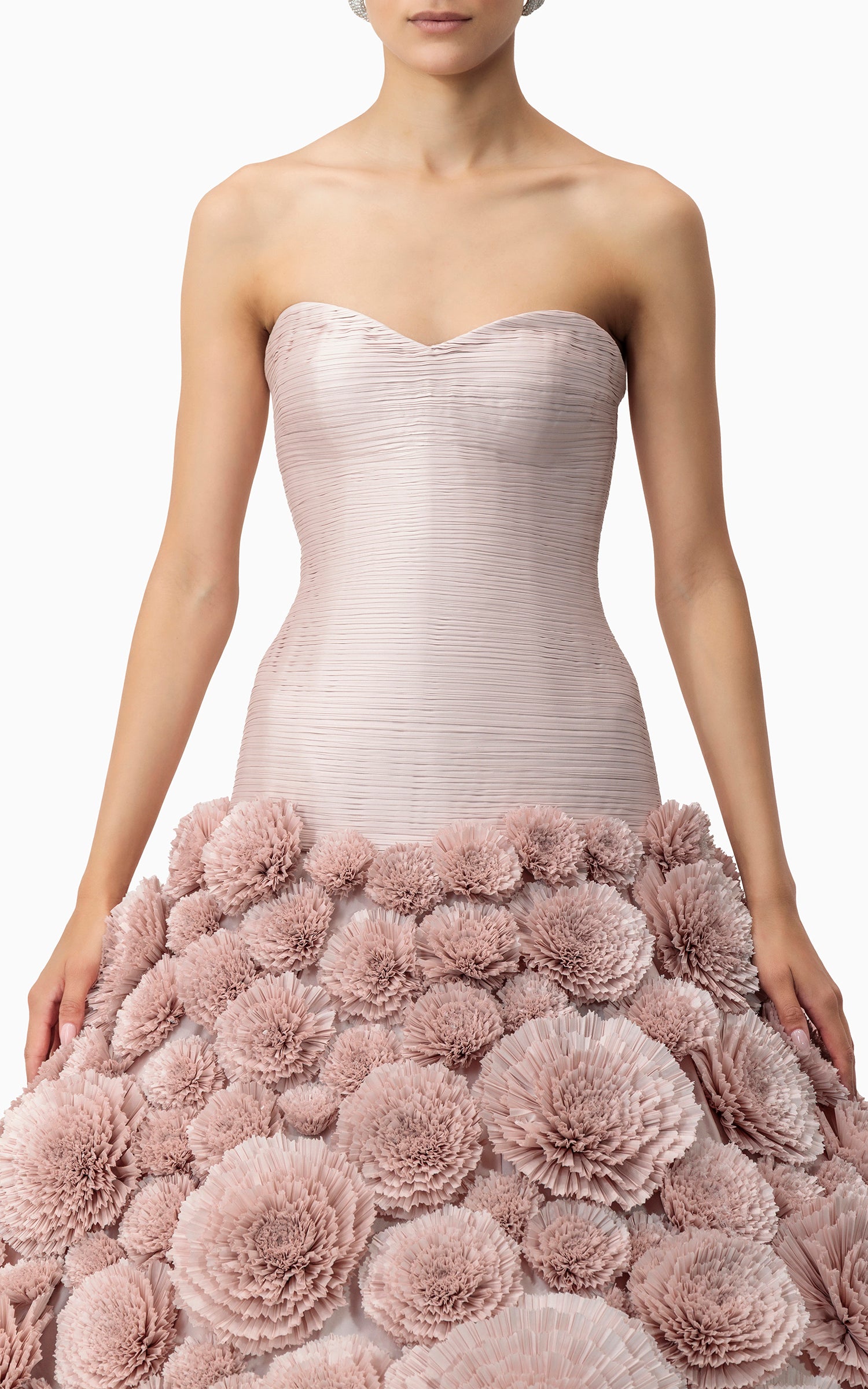 Handmade floral couture gown with 100 fabric flowers and sculptural skirt – perfect for red carpets, couture shows, and gala nights in Dubai or the GCC, front detail