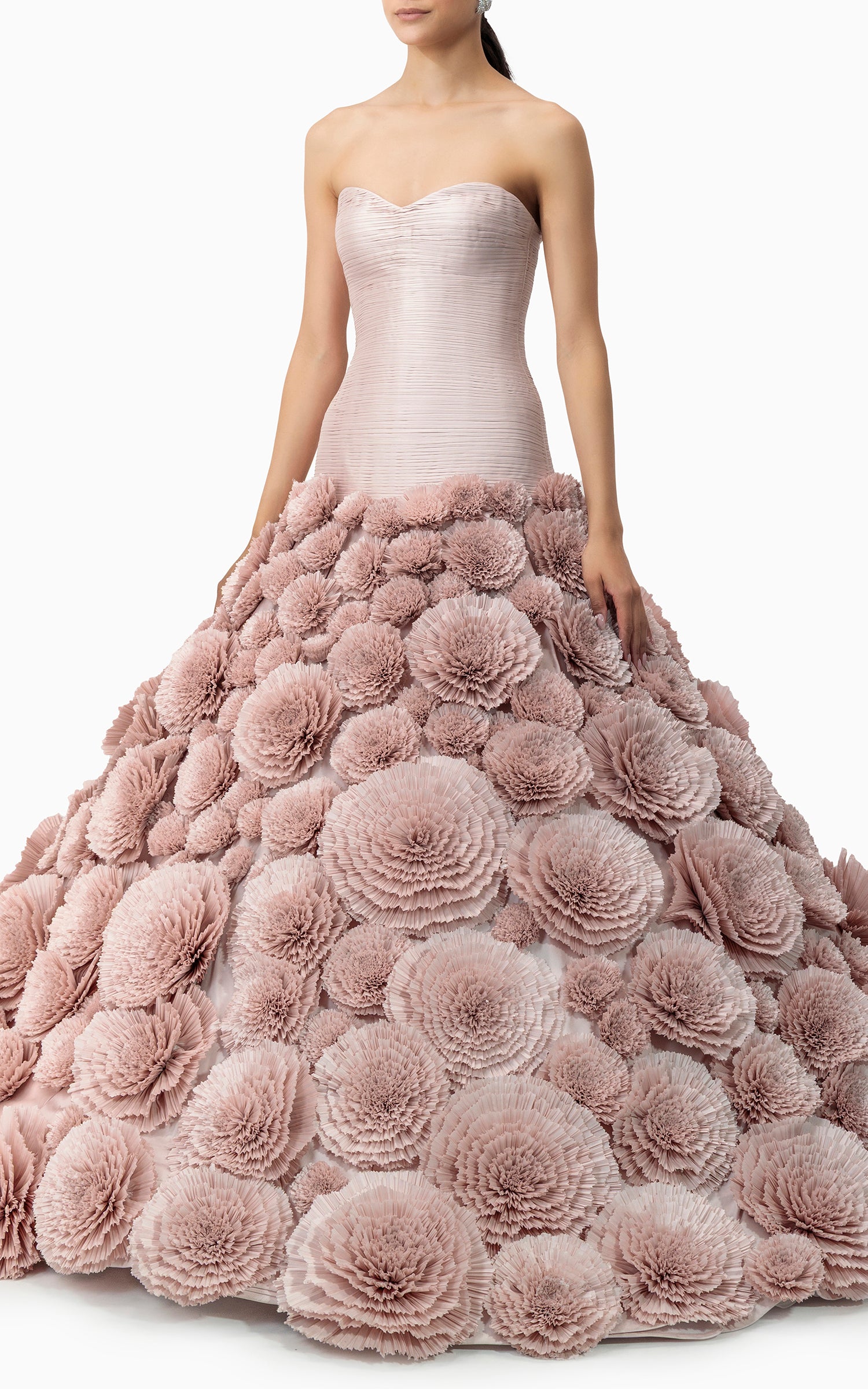 Handmade floral couture gown with 100 fabric flowers and sculptural skirt – perfect for red carpets, couture shows, and gala nights in Dubai or the GCC, side pose