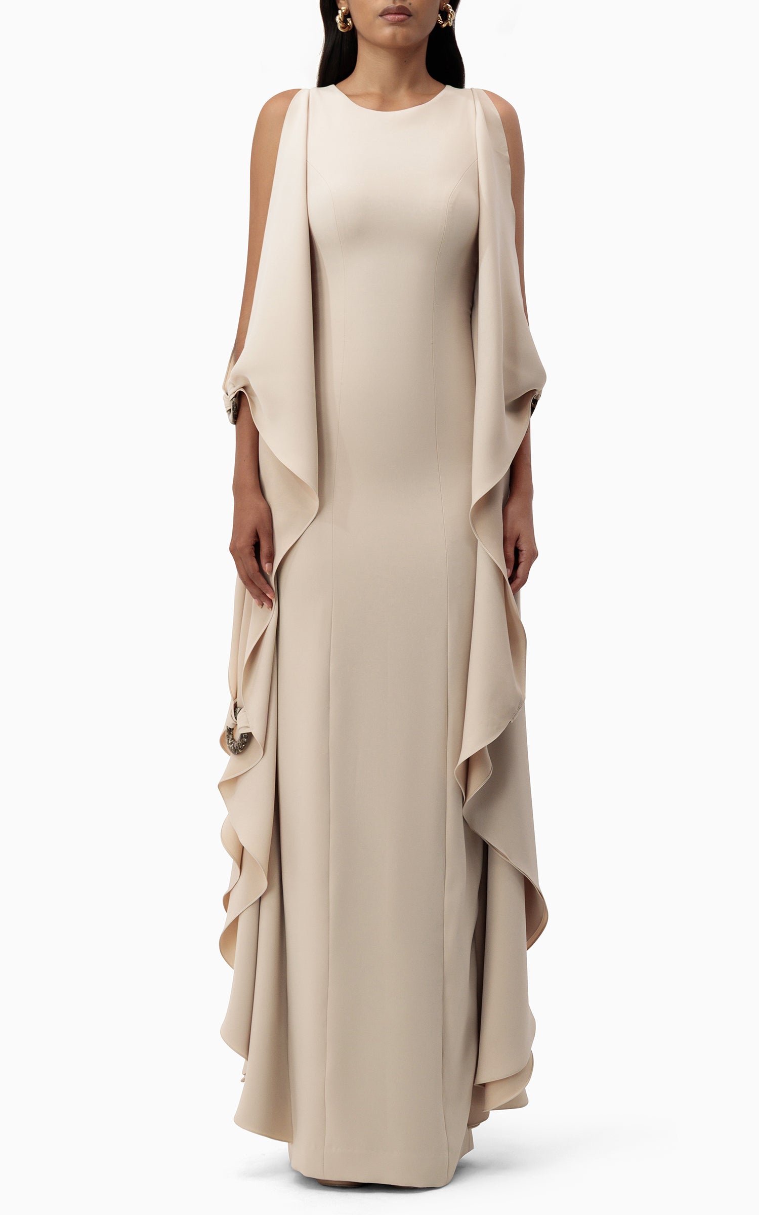 Flowing Beige Gown with Side Panels full front